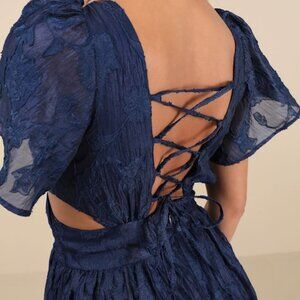 Lulus Hilly Navy Floral Jacquard Lace-up Midi Dress Blue - Size XL